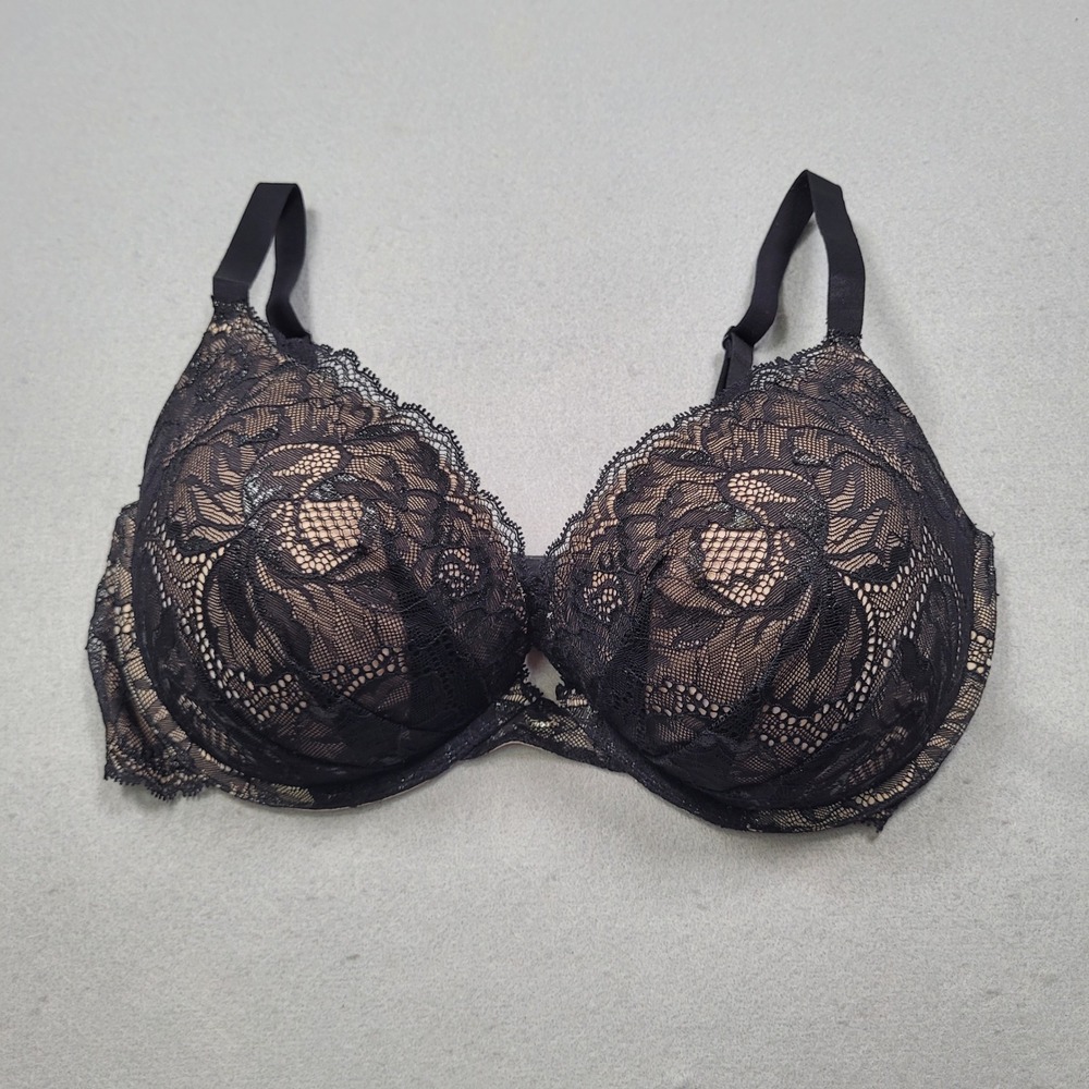 Victoria's Secret Black Lace Plunge Bra 36DD Floral Underwire 288547-093